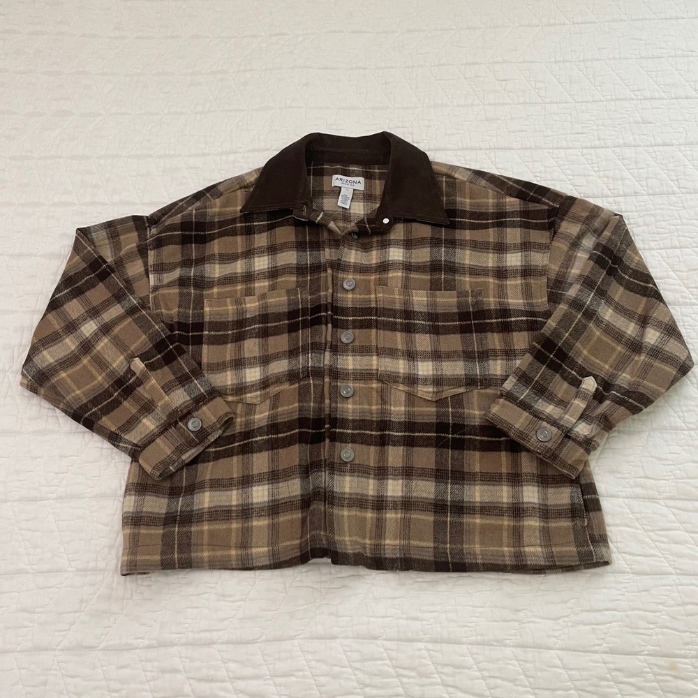 Arizona Jean Co Brown Plaid Flannel Shacket Corduroy Collar XS NWT